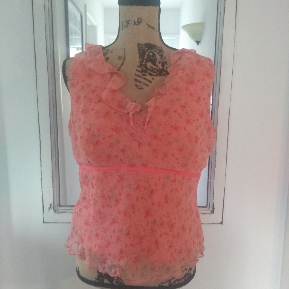 Lined Ruffle Front Sheer Overlay Floral Top